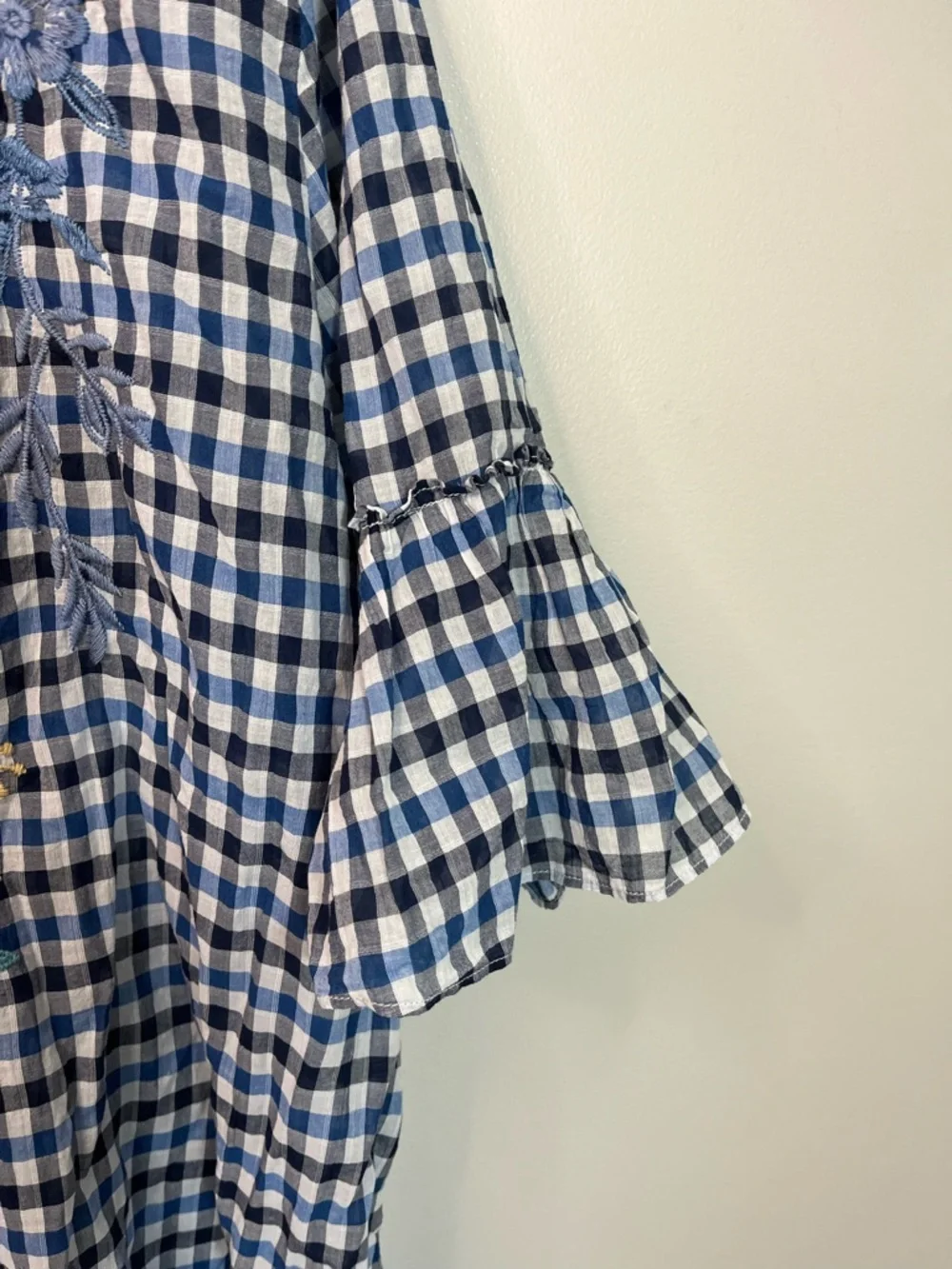Johnny Was Blue Gingham Embroidered Peasant Tunic - Picture 3 of 12